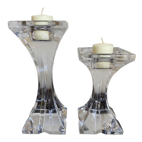 2 Pillar Clear Glass 24% Crystal Lead Candle Holders Slovenia 9" & 6" Tall - Picture 3 of 16